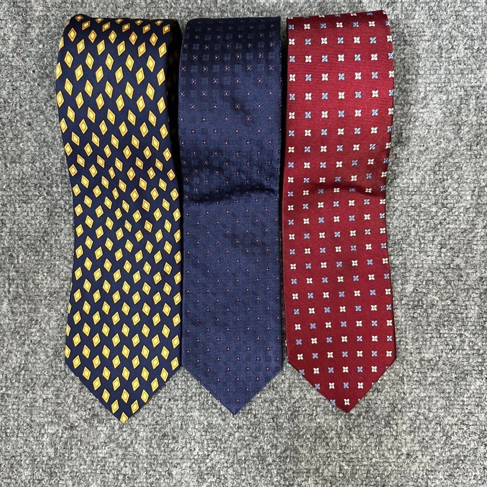 Brooks Brothers Mens Silk Tie Lot of 3 Navy Blue Burgundy Floral Geometric